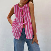 LIZAKOSHT - Women Y2k Tie Front Peplum Tank Tops Sleeveless Stripe Crop Tops Babydoll Shirts Summer Cute Tops for Teens Streetwear