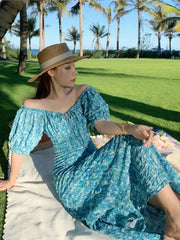 LIZAKOSHT - Elegant Holiday Puff Sleeve Long Dress Blue Print Off Dress For Women Sexy Korean High Waist Beach Vestido