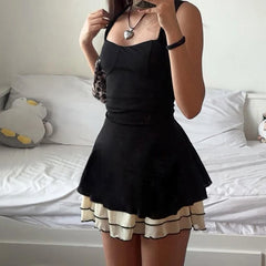 LIZAKOSHT  -  Elegant Ruffles Tiered Layer Dress Casual Contrast Color Backless A-line Mini Dress Gentle Sweet Dresses Summer Outfits