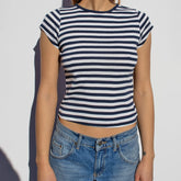 LIZAKOSHT - Fashion Baby Tee Women's Summer Casual Striped Tops Short Sleeve Round Neck Short Slim Fit T-shirt Daily Streetwear