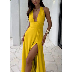 LIZAKOSHT - New Hanging Neck V-neck Strap Backless Slit Dress Temperament Long Skirt One-step Skirt for Women