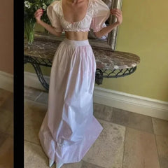 LIZAKOSHT  -  Summer French Elegant Short Sleeve Slim Waist 2 Pieces Long High Waist Skirt Suit Korean Fashion Casual 2 Piece Set