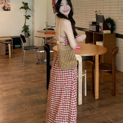 LIZAKOSHT - Sexy Backless Red Plaid Dress Women Summer Sweet Skinny Spaghetti Strap Dress Pretty Style Chic Elegant Party Night Vestidos
