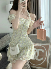 Lizakosht Floral Dresses for Women Short Sleeve Streetwear Office Dress Sweet Printing Mini Slash Neck New Spring Summer Dress