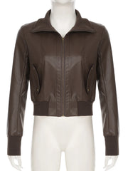 LIZAKOSHT - Safari Style Big Pockets Jackets Casual Pu Leather Turn-Down Collar Long Sleeve Coats Women Autumn Winter Fashion