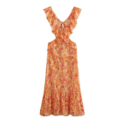 LIZAKOSHT - Orange Floral Printed Maxi Dresses For Women Sexy Backless Deep V Neck Waistless Long Dress Summer Ruffles Boho Beach