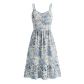 LIZAKOSHT - Vintage French Bird Floral Print Tank Dress Women V neck Slim Waist Folds Ruffles Hem Midi Long A-line Swing Dresses Vestidos