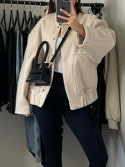 LIZAKOSHT  -  Winter Women Jackets Female Tops Autumn New Fashion Loose Casual Collar Solid Color Bomber Coats Woolen Jacket Women Clothing