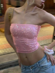 LIZAKOSHT - Women Sequin Decal Sleeveless Crop Top With Exposed Navel Elastic Tight And Sexy Spicy Girl Outfit Fashion Party Club Dress Up