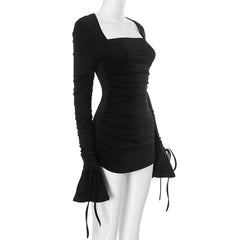 LIZAKOSHT - Autumn Women Sexy 2 Piece Set Elegant Square Neck Lace Up Flare Long Sleeve Ruched Bodycon Mini Dress + PU Leather Skirts