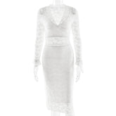 LIZAKOSHT - Sexy See Through Lace Women 3 Piece Sets White V-neck Long Sleeve Dress Sets Winter Slim Elegant Party Evening Dress