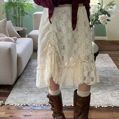 LIZAKOSHT - Korean Fashion Midi Skirt Kawaii Vintage Clothes Summer Fashion Woman Lace Skirts For Woman Harajuku Embroidery Skirt Black