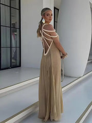 LIZAKOSHT - Fashion Halter Long Dress For Women Sleeveless Backless Draped Slip Lace Up Robe 2025 Summer Elegant Female Daily Beach Dresses