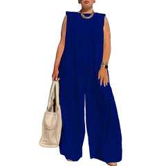 LIZAKOSHT - Fashion Sleeveless O Neck Wide Leg Playsuit Elegant Loose Rompers Para Mujer 2025 New Spring Summer Casual Solid Color Jumpsuits