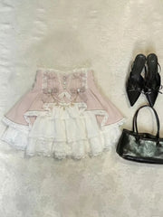LIZAKOSHT - Japanese Lolita High-waist Lace Cake Skirt Sweet Kawaii Bow Thin Patchwork Short Skirts Female Design Lovely France Clothes
