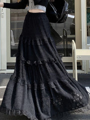 LIZAKOSHT Long Skirts Women Elegant Fashion Lace Skirts Female Autumn Winter High Waist Maxi Skirt Ladies Sweet Loose Ruffles Cake Skirt