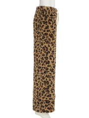 LIZAKOSHT - Casual Leopard Printed Wide Leg Pants Loose Furry Mid-Waisted Straight Pants Women Autumn Winter Fashion Streetwear