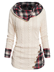 LIZAKOSHT - Twisted Cable Knit Plaid Print Hooded Sweater Mock Button Ruched Shawl Neck Sweater