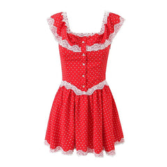 LIZAKOSHT - Summer Women Lace Patchwork Sexy Off Shoulder Dress Low Waist Short Sleeve Female Holiday Party Mini Dresses White Red