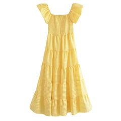 LIZAKOSHT  -  Europe and America Wind Spring Women's New Yellow V-neck Printed Short-sleeved Dress Fluffy Skirt