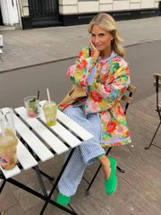 Lizakosht Flower Printed Quilted Parka Women Thick Warm Coat Spliced Flare Long Sleeve 2024 Autumn Winter Casual Streetwear Oversize Coat