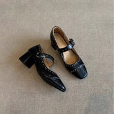 LIZAKOSHT - French Vintage Riveted Mary Jane Women'S Shoes Light Cut One Line Buckle Single Shoe Everything Flat Ballet Shoes