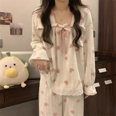 LIZAKOSHT - Coral Fleece Pajamas Sets for Women Plush Soft Warm Square Collar Lace Sweet 2 Piece Bow Tie Elegance Thickened Warm Homewear
