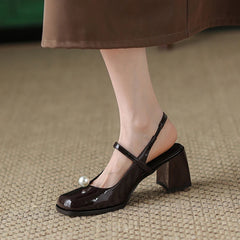 LIZAKOSHT One line fashion sandals, patent leather thick heels, high heels, retro Mary Jane