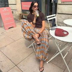 LIZAKOSHT - Y2K Vintage Plaid Printed Loose Pants Women Boho Ramie Bloomers Female Fashion Versatile Drawstring Streetwear Casual Trousers