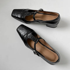 LIZAKOSHT - Fashion Pumps New High Quality True Leather Square Head T-shaped High Heels Mary Jane Shoes Commuter Women's Shoes