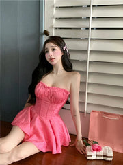 LIZAKOSHT - Women Sleeveless Off Shoulder Sweet Mini Dress Corset Boning Lace Jacquard Slim Fit Pink Sexy Strapless Summer Dress