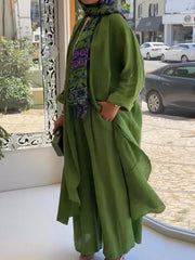 LIZAKOSHT - 2 Piece Long Sleeve Maxi Shirts+Wide Leg Pants Eid Muslim Women Elegant Sets Abaya Dubai Turkey Islamic Casual Tops Solid Outfit