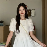 LIZAKOSHT - White Spring Summer Dresses for Woman Solid Ruffles Puff Sleeve Long Dress Korean Fashion Elegant Vestidos Mujer