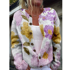 LIZAKOSHT - Women Milled Pit Lavender Print Button Long Sleeve Lady Casual Extensions Cardigan White Jacket Coat