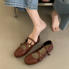 LIZAKOSHT  -  Spring New Women Mary Jane Flat Shoes Fashion Round Toe Slip On Footwear Ladies Elegant Cross Belt Ballet Shoes