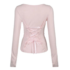 LIZAKOSHT - Pink Tops Tee Women Letter Embroidery Ribbon Cross Tie Long Sleeve Slim Tops Cute Tshirt for Sweet Girls Kawaii Clothes