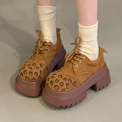 LIZAKOSHT - Thick Soled Height Increasing Vulcanized Shoes Women, Leopard Print Lace Up Round Toe, Four Season Plus Size Single Shoes Women