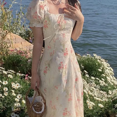 LIZAKOSHT - Summer Elegant Puff Sleeve France Dress Female High Waist Slim Floral Print Holiday Midi Dress Women One Piece Beach Dress