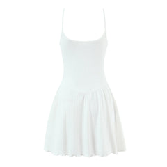 LIZAKOSHT - Sexy White Rib Knitted Cotton Low Waist Sling Dress Women Bow V neck Ruched A-lined Swing Short Dresses Summer Vestidos Robe