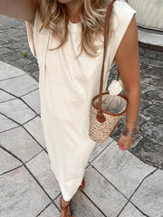 LIZAKOSHT - Women Casual Solid Knit Midi Dress Loose O-neck Sleeveless Basic Dresses 2024 Summer Office Lady Chic Thick Commuting Robes