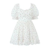 LIZAKOSHT - Women Wood ears Puff Sleeve Ruffles Hem Swing Short Fairy Cake Robe Princess Girl Flower Print Ruched Ball Gown Dress Retro