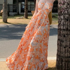 LIZAKOSHT - Summer Seaside Print Hanging Neck Sexy Backless Holiday Long Dresses Women Pressure Pleated Super Fairy Big Swing Dress