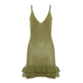 LIZAKOSHT - Sexy Holiday Style V-neck Spaghetti Strap Dress Ruffles Trim See Through Hollow Out Knitted Bodycon Short Dress 2025