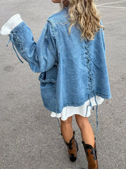 LIZAKOSHT  -  Fashion Women's Blue Denim Coat V-neck Loose Big Pockets Lace Up Bandage Jackets Female 2025 Autumn Lady All-matching Outwears
