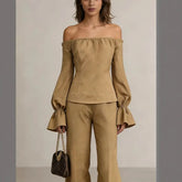 LIZAKOSHT - 2026 New Bubble Sleeve Temperament Off-the-shoulder One-word Collar Fashion Women's Top Wide-leg Pants Two-piece Set