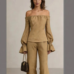 LIZAKOSHT - 2026 New Bubble Sleeve Temperament Off-the-shoulder One-word Collar Fashion Women's Top Wide-leg Pants Two-piece Set