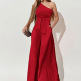 LIZAKOSHT - Elegant Diagonal Collar One-shoulder Solid Color High Waist Strappy Sleeveless Pocket Jumpsuit Wide Leg Pants Clubwear