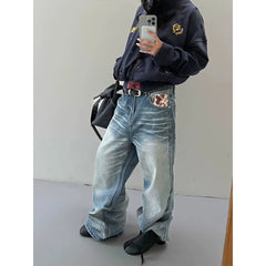 LIZAKOSHT - Women's Gothic Y2k Blue Jeans Vintage Hiphop Grunge American Splicing Jeans Pants Baggy Boyfriend Wide Leg Denim Pants