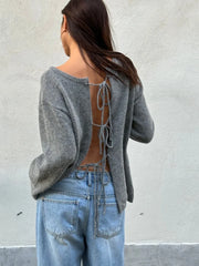 LIZAKOSHT - Grey Knitted Women Cardigan Sweater Casual O Neck Lace Up Long Sleeve Hollow Out Female Loose Coats New Autumn Lady Outwear