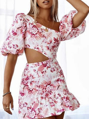 LIZAKOSHT - Retro White Red Leaves Flower Women Dress One Shoulder Lantern Sleeve Slim Hollow Out Waist Ruffles Hem Mini Holiday Robe